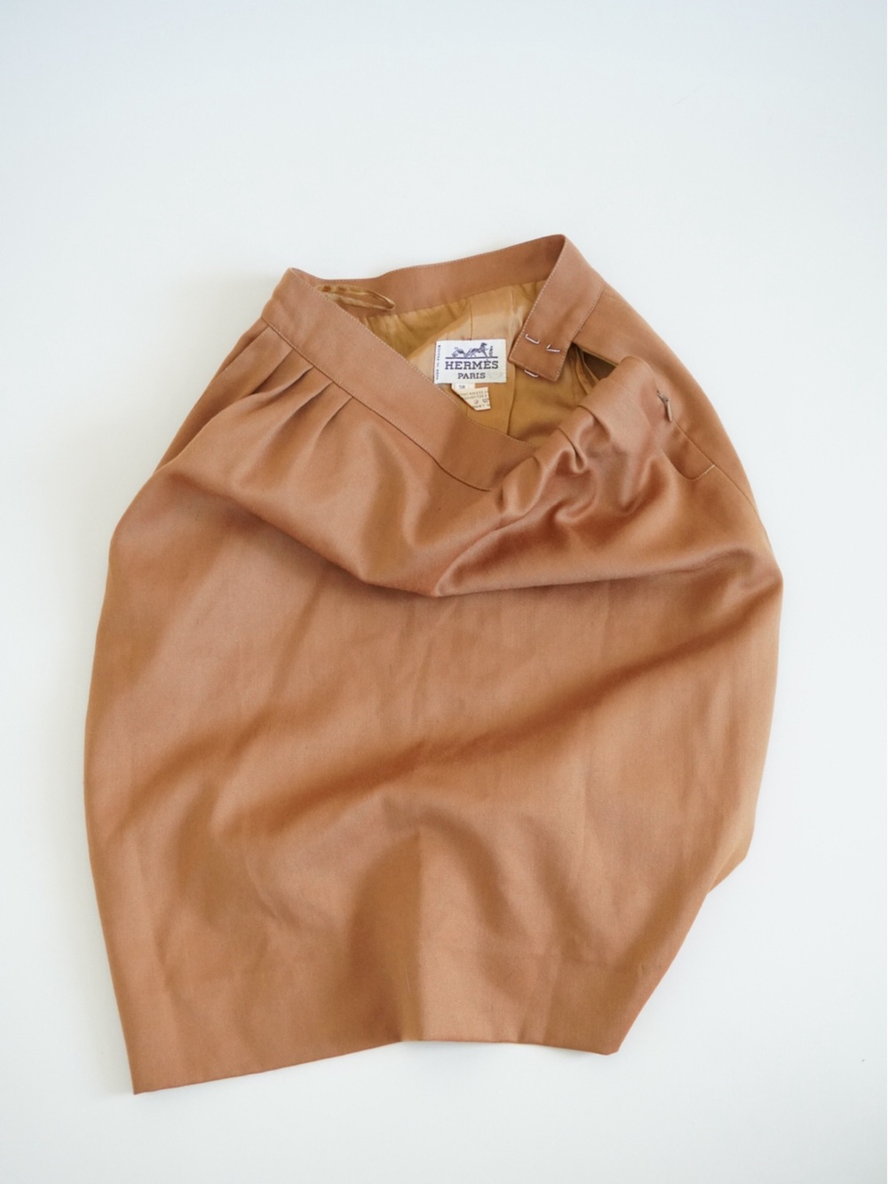 Hermes 70's VTG Camel Brown Wool Pleated Pencil Skirt - Size 38